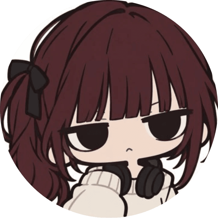Chulin as she draws herself: maroon hair with heavy bangs, a black bow, sleepy eyes and headphones around her neck